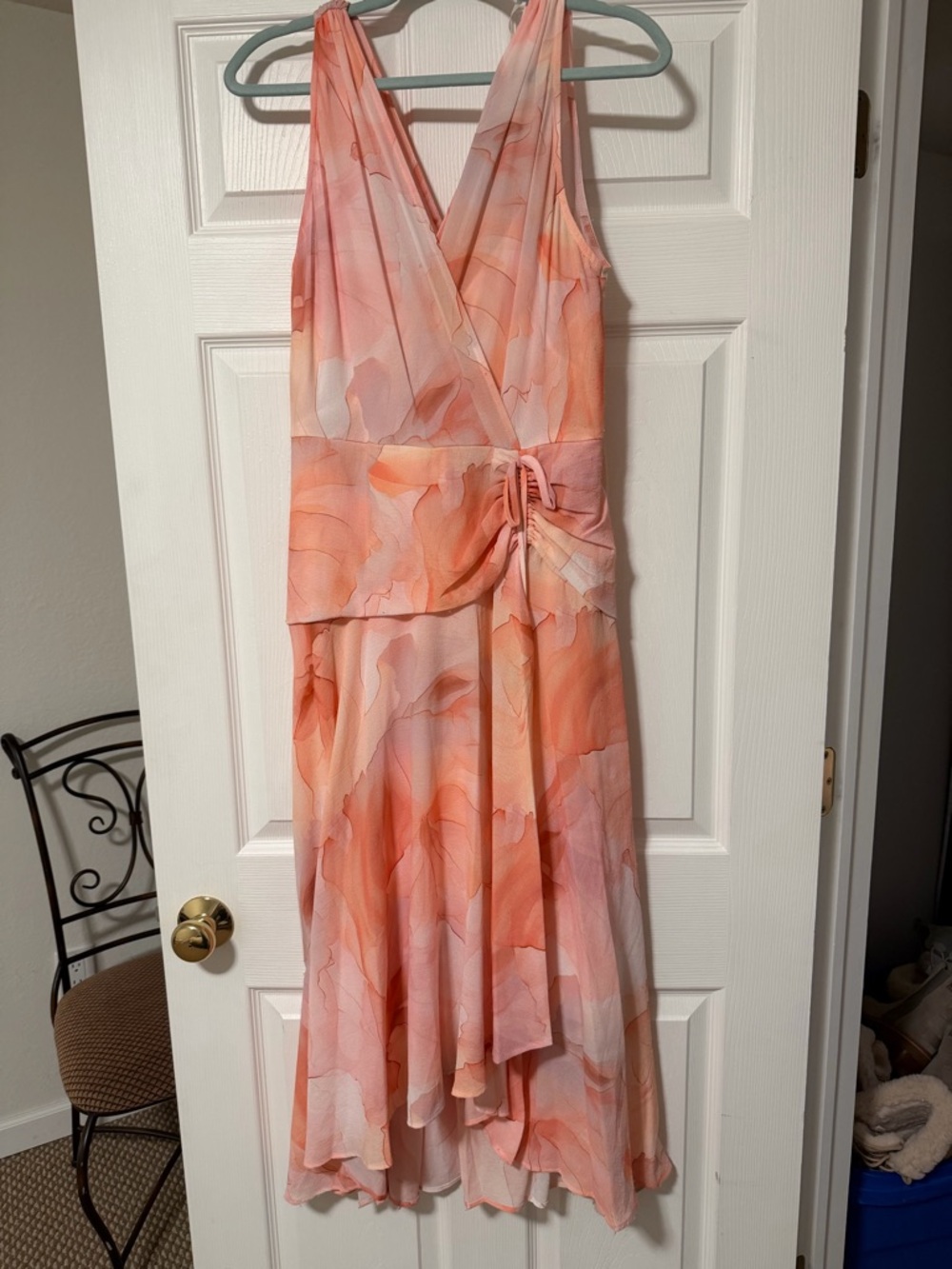 Donna Karan Pink Peach Watercolor High-Low Wrap Dress - Picture 2 of 2